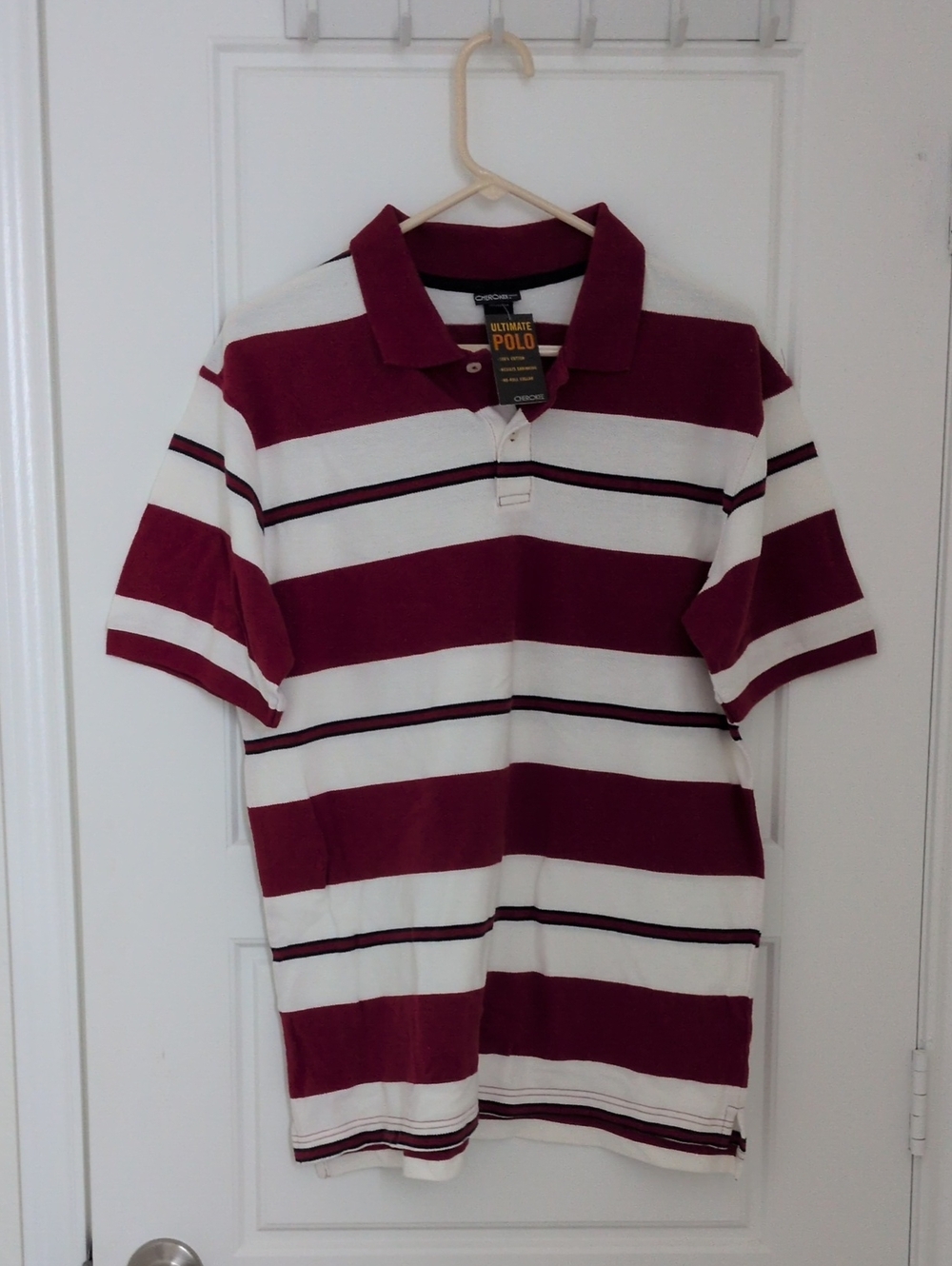 Cherokee Men's Maroon and White Striped Polo Button-Down Shirt